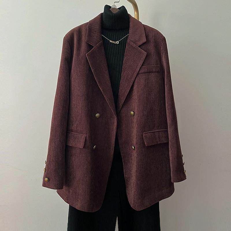 大码西装外套女2024秋冬新款胖mm宽松显瘦双排扣气质百搭休闲西服