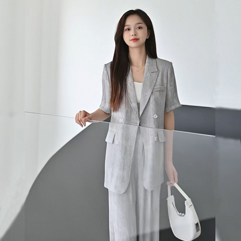 大码亚麻扎染气质西服套装女胖mm显瘦高级感短袖西服阔腿裤两件套