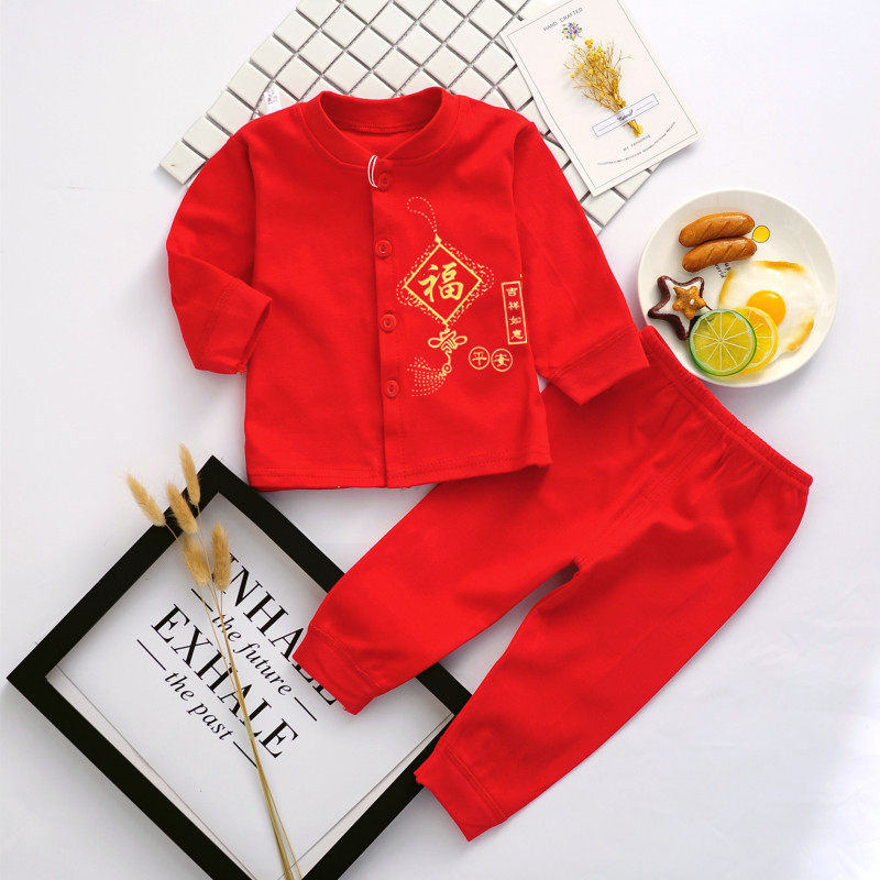 宝宝唐装婴幼汉服百天满月周岁中国风礼服棉夏秋长袖宝宝红色套装