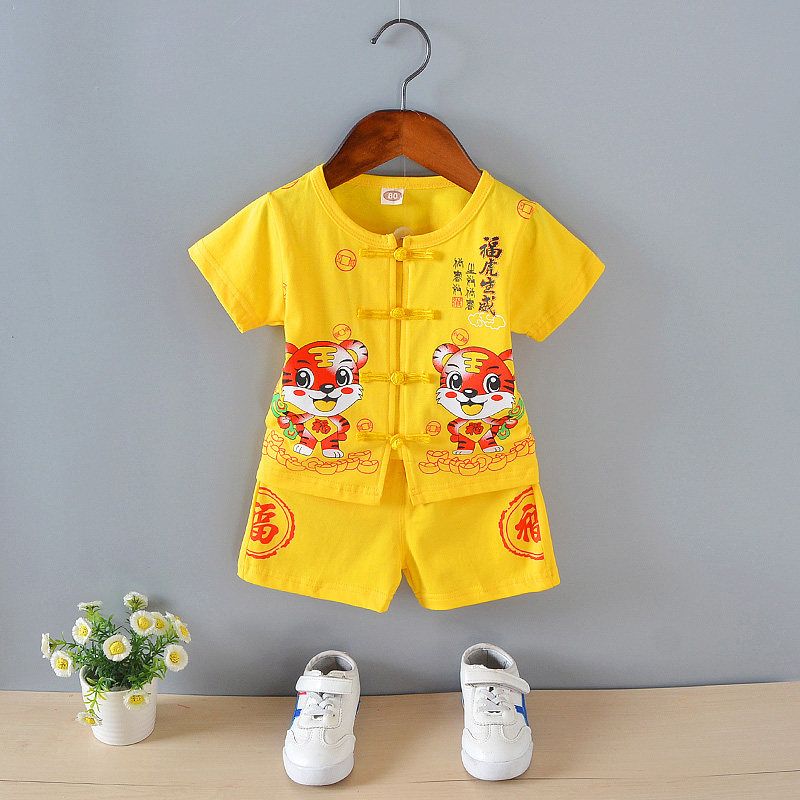黄色老虎一周岁宴宝宝唐装生日送礼抓周礼服男女童小孩薄款民族风