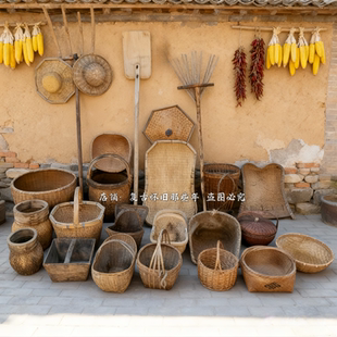 80年代怀旧农具老物件民俗农耕文化装饰摆件老式簸箕簸箩提篮菜篮
