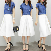 2017新款女装夏两件套裤牛仔短袖上衣阔腿裤七分裤休闲时尚套装女