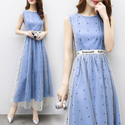 2017新款女装夏修身长款连衣裙女无袖拼接网纱裙名媛蓝色波点长裙