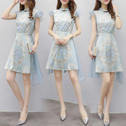 2017新款女装夏修身不规则连衣裙中裙女复古荷叶边雪纺立领短袖裙