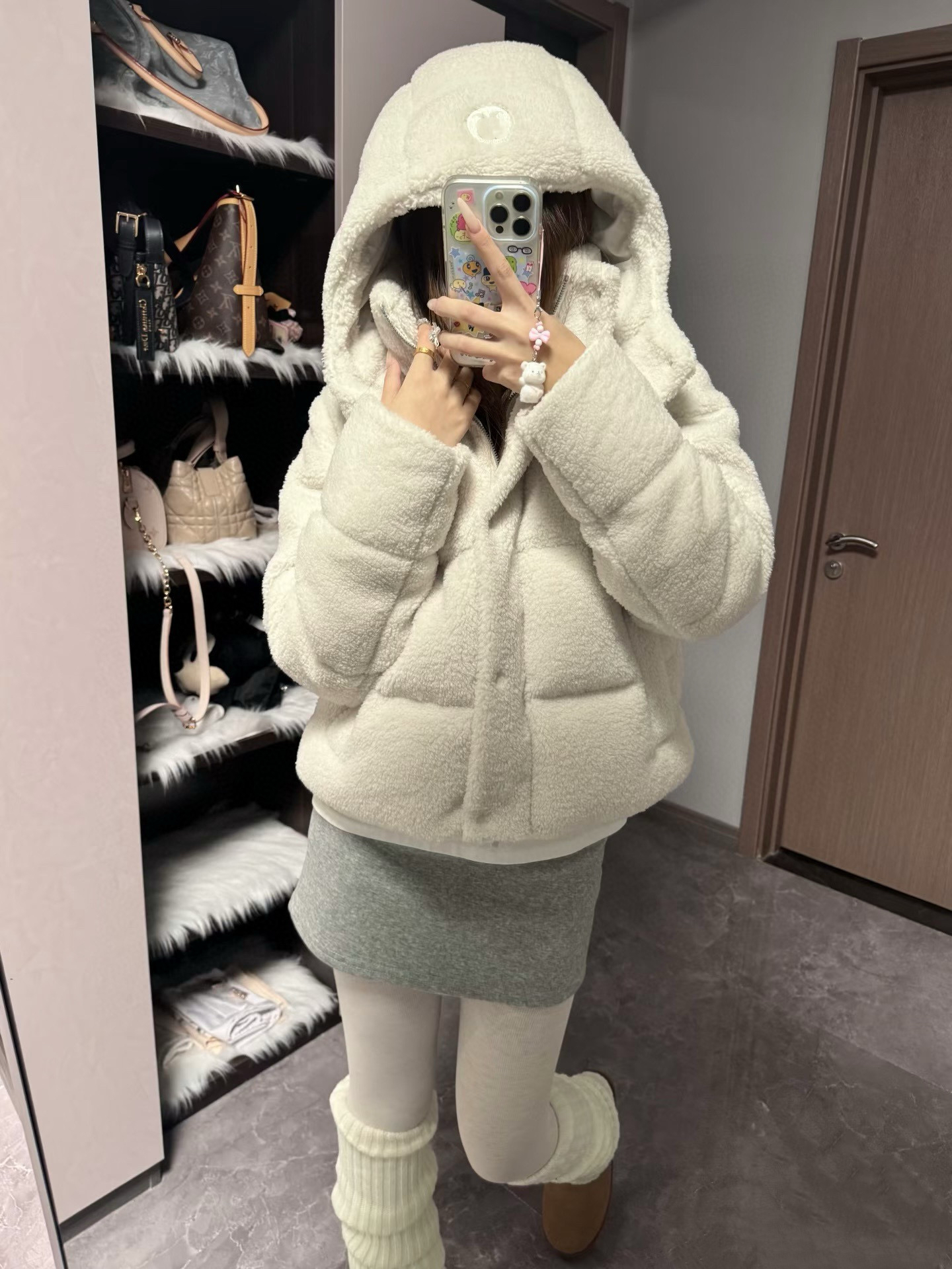 欧货潮牌泰迪绒四格90白鸭绒羽绒服外套女25秋冬新款连帽羽绒外套