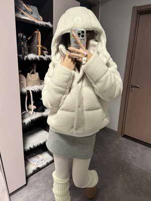 欧货潮牌泰迪绒四格90白鸭绒羽绒服外套女25秋冬新款连帽羽绒外套