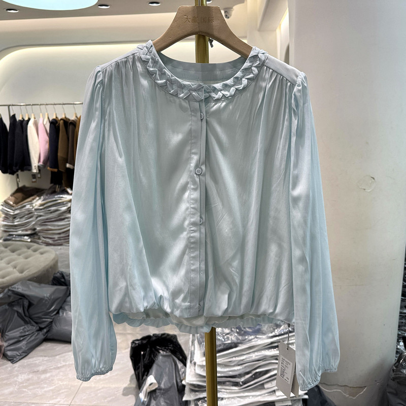 林依芭莎2601 时尚麻花设计感圆领舒适亮色短装衬衫上衣欧货春装