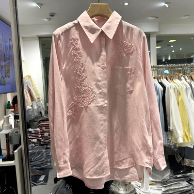 CZ26172 重工串珠刺绣花翻领休闲宽松减龄天丝亚麻衬衫欧货春装女