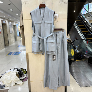 醋酸两件套 直筒裤 兰蔻儿K701 欧根纱边V领无扣系带马甲中长外套