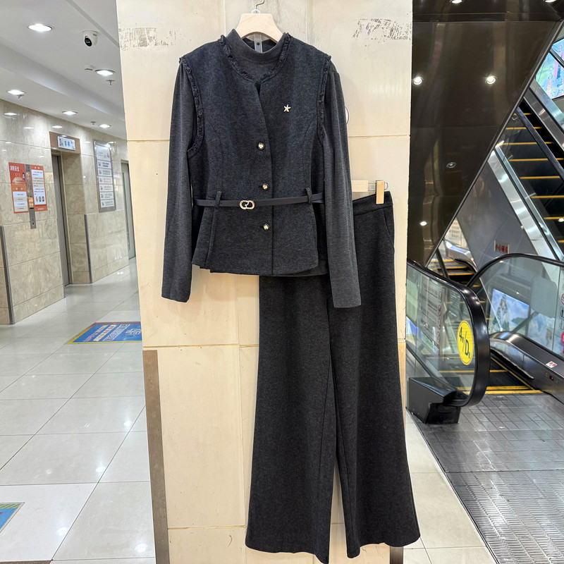 依米莎26A015 立领内搭流苏毛边腰带马甲+直筒裤毛呢三件套裤春装,女装/女士精品,时尚套装,淘宝优惠券,粉丝福利购,淘宝优惠卷