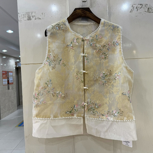 33-9018 订珍珠边重工亮片刺绣花欧根纱薄防晒服国风马甲外套春装