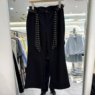 欧货春装 变色鸟2628 女裤 显瘦微喇叭裤 腰果花丝巾高腰弹力修身