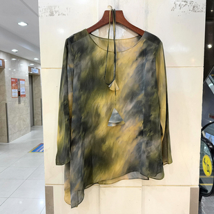 L68976 欧货春夏2026一字圆领斜不规则系带收腰扎染波点雪纺衬衣