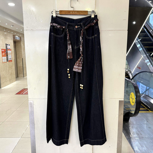 MINZI MA1700-104 丝巾腰带高腰压明线休闲牛仔烟管裤直筒裤女裤