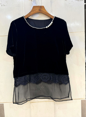 L8932 透视蕾丝欧根纱拼接下摆订珍珠圆领休闲真丝丝绒衬衣小衫夏