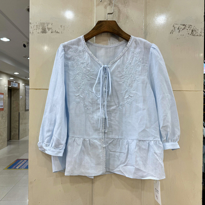 33-T6231 飘带V领亮片蕾丝刺绣七分袖减龄短装天丝苎麻衬衫上衣春