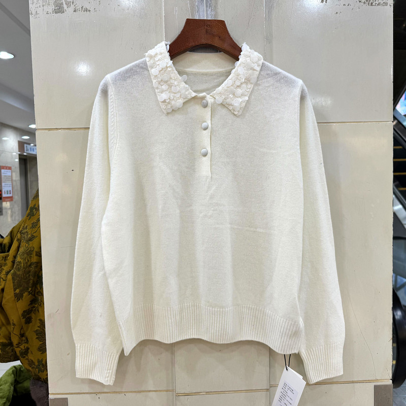 166-83339 鱼鳞大亮片三粒扣翻领休闲减龄羊毛羊绒毛衣欧货冬装女