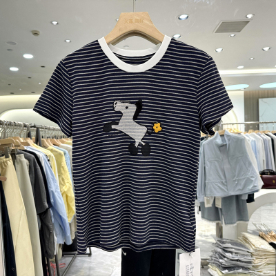 留缘2633 时尚撞色圆领花朵小马短袖条纹T恤小衫上衣欧货春夏正品