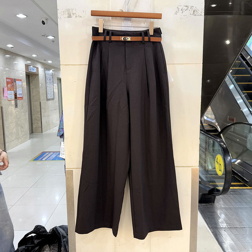 8813 时尚金属扣腰带高腰通勤OL百搭显瘦西装裤直筒裤女裤欧货秋