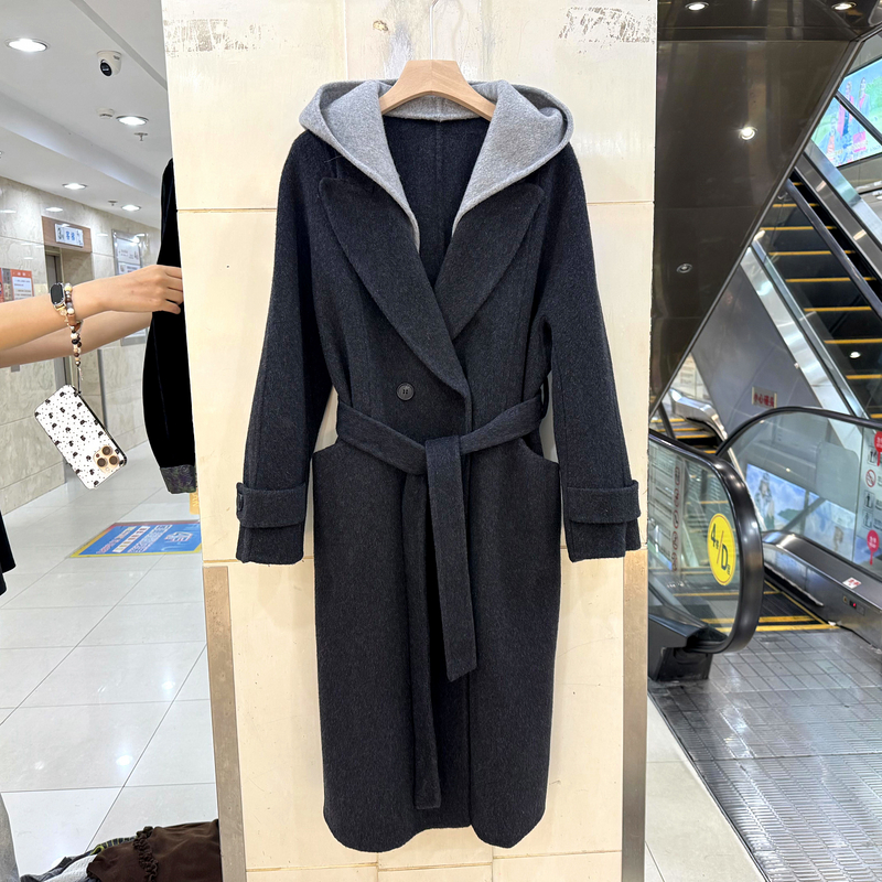 2506 欧货冬2025撞色可拆卸连帽系带收腰洋气中长双面羊毛呢大衣