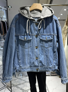 H6005 欧货春装2026新款时尚撞色卫衣连帽休闲假两件牛仔女外套