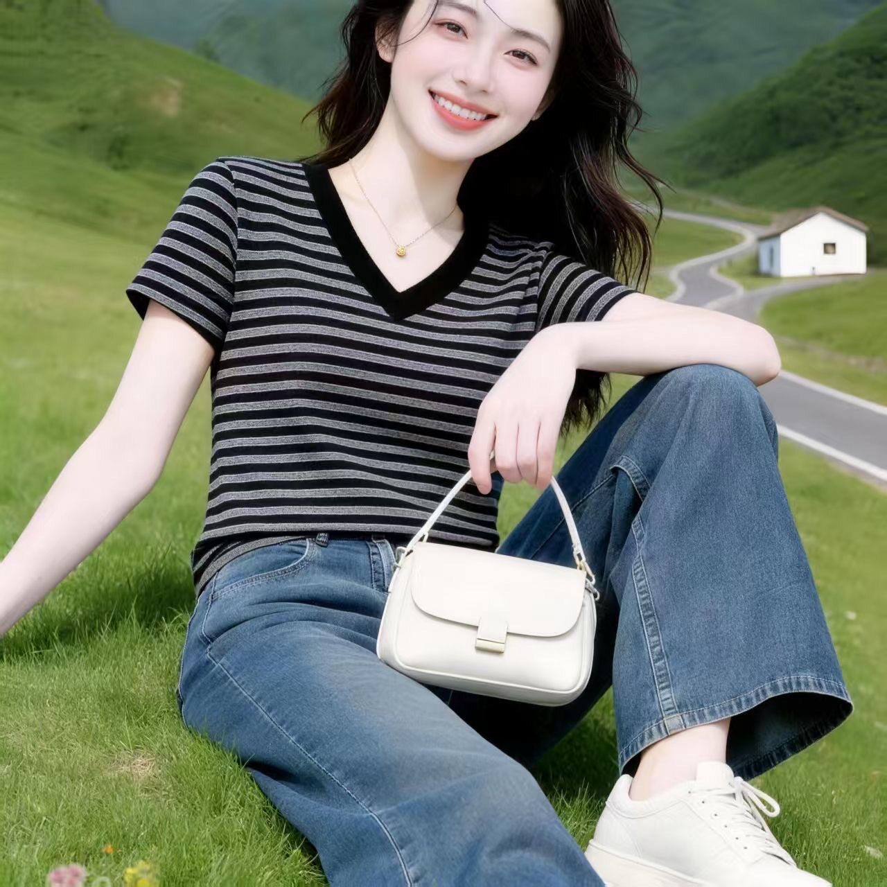 条纹短袖t恤女夏季2026年新款修身显瘦洋气百搭v领针织衫薄款上衣