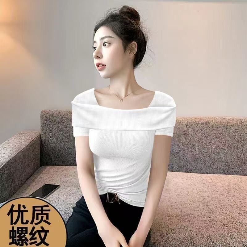 露锁骨短袖露锁骨打底衫一字肩上衣服2025年春夏季螺纹t恤女装ins