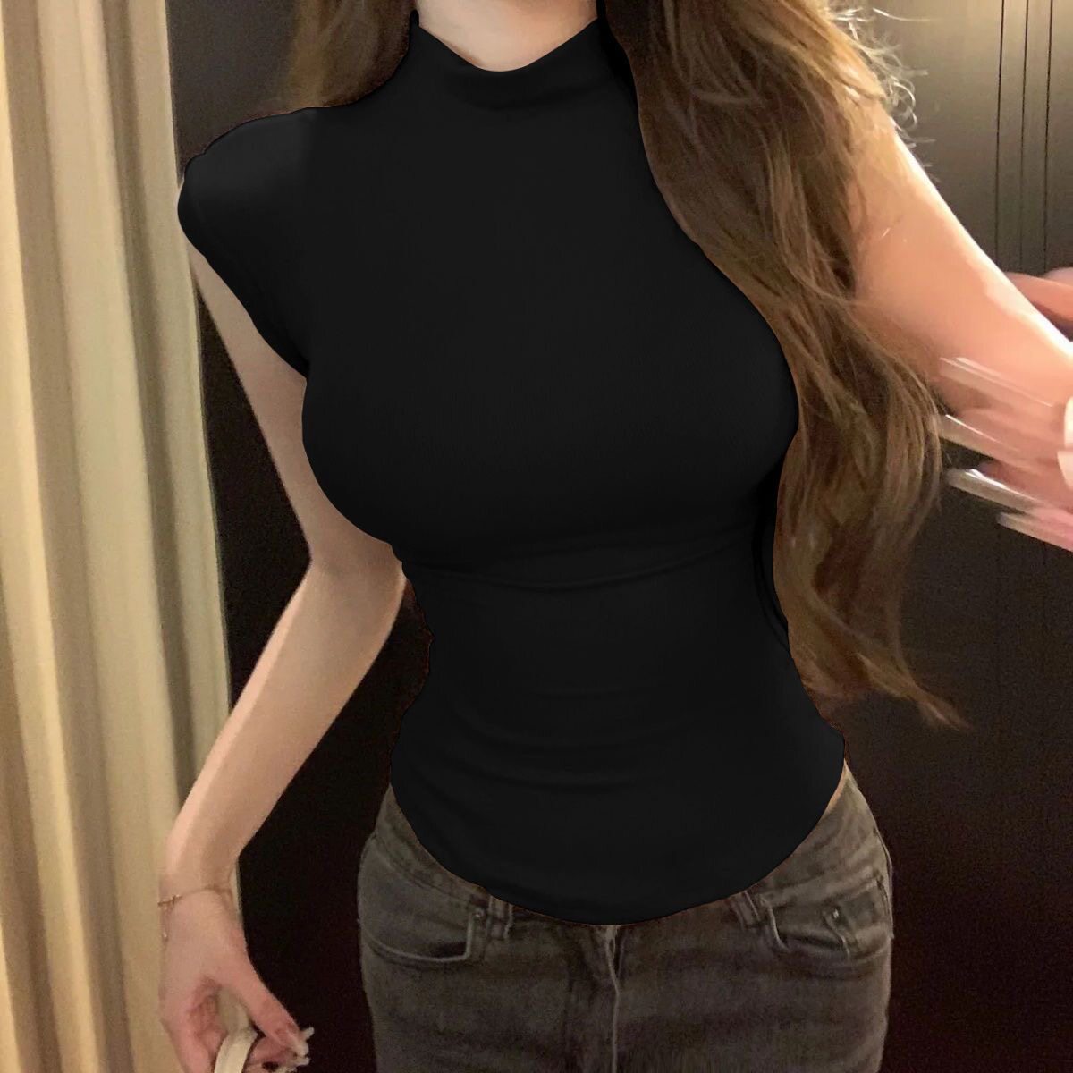 白色半高领短袖T恤女夏季甜辣妹基础款无袖紧身收腰显瘦短款上衣