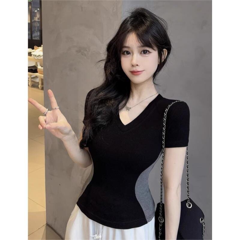 辣妹v领美式正肩撞色修容显瘦短袖t恤女夏季设计感修身时髦上衣潮