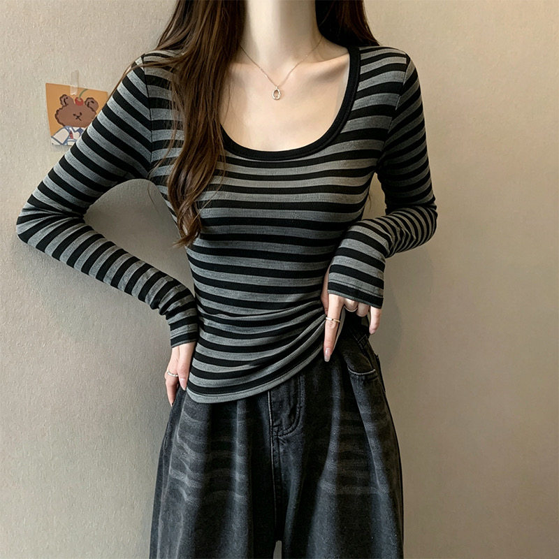 辣妹风小个子时尚女生秋季撞色条纹修身显瘦春秋新款长袖上衣潮服