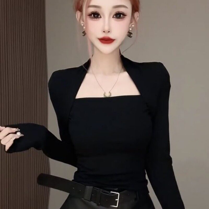 黑色方领长袖修身显瘦T恤女春秋高级感气质打底衫纯欲露锁骨上衣