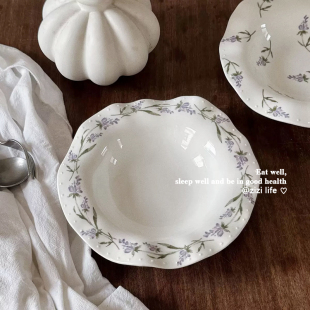 唯美油画风紫色薰衣草草帽盘ins高颜值波浪边餐盘意面西餐盘