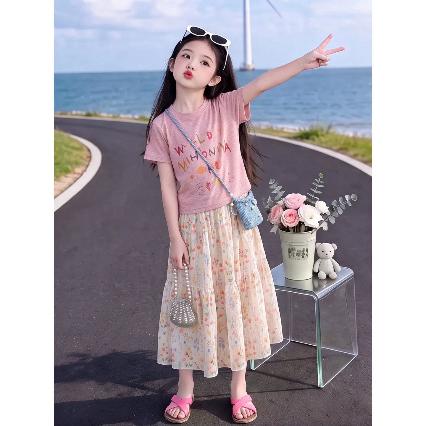 女童半身裙套装2026夏季新款字母