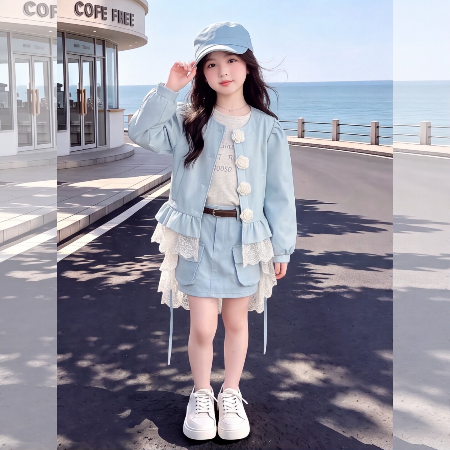 2026女童灯笼袖蕾丝拼接针织外套