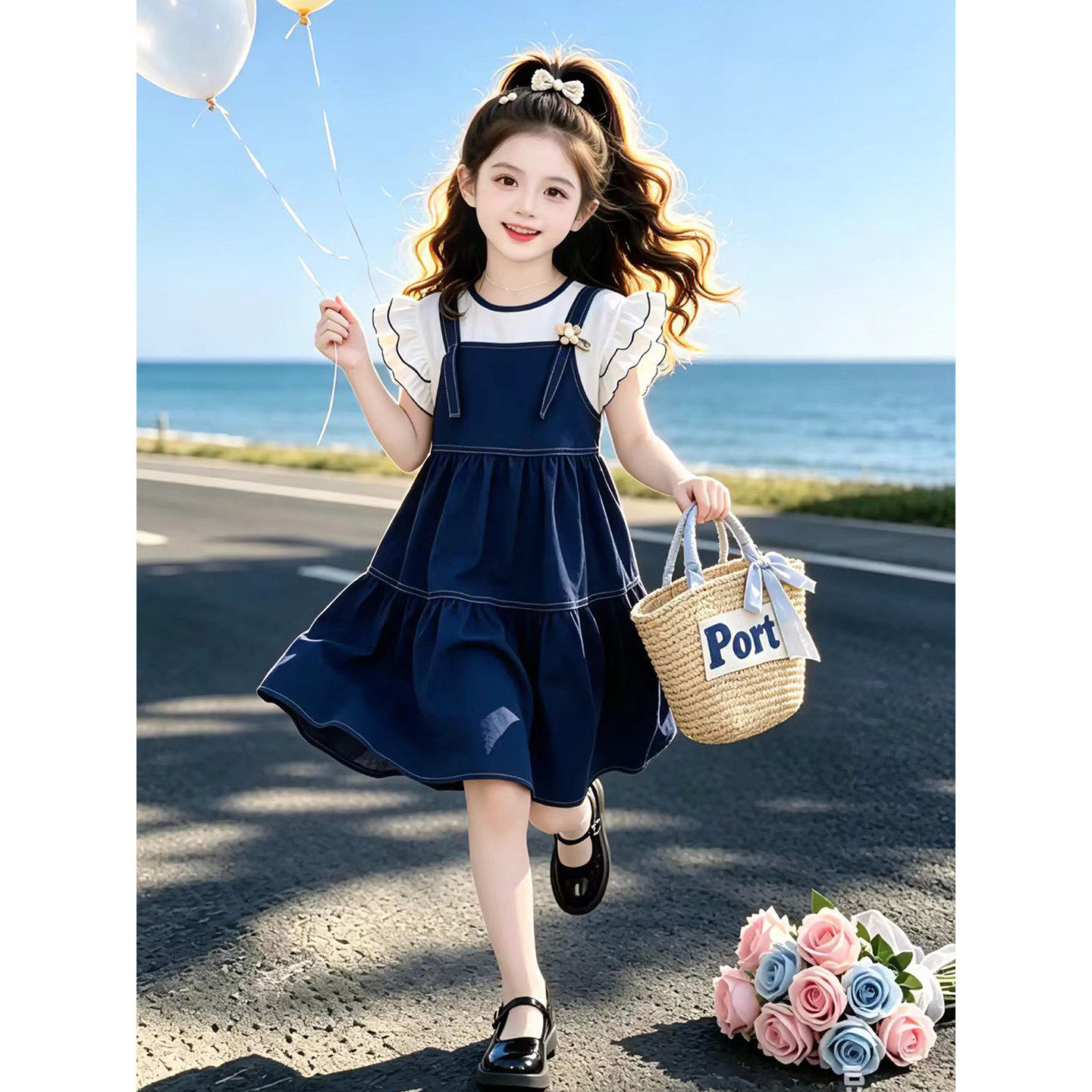女童假两件连衣裙夏季2026新款儿童洋气短袖裙子夏装女孩背带裙潮