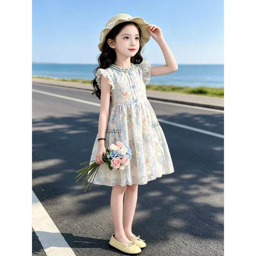 女童碎花裙夏季2026新款儿童连衣裙夏装女孩飞飞袖中长款裙子洋气