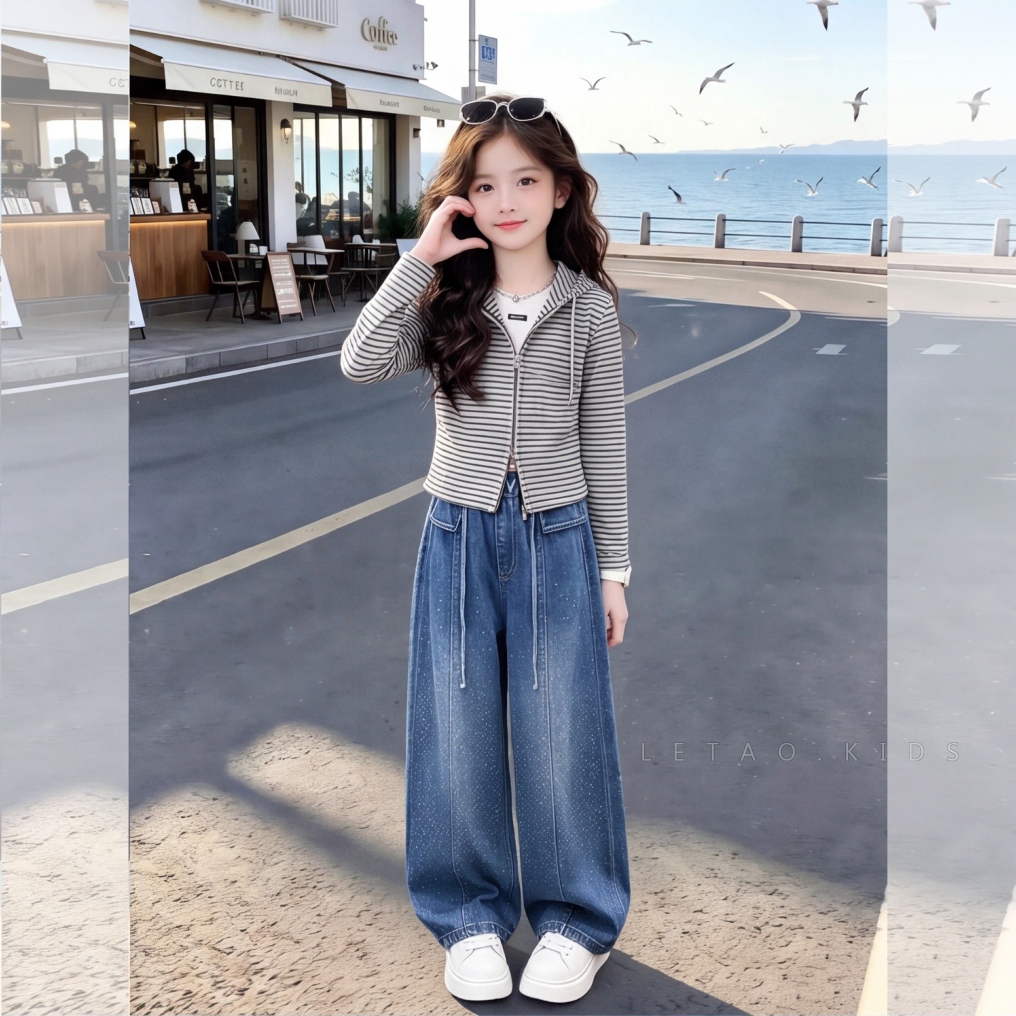 女童秋季韩系条纹连帽修身假两件