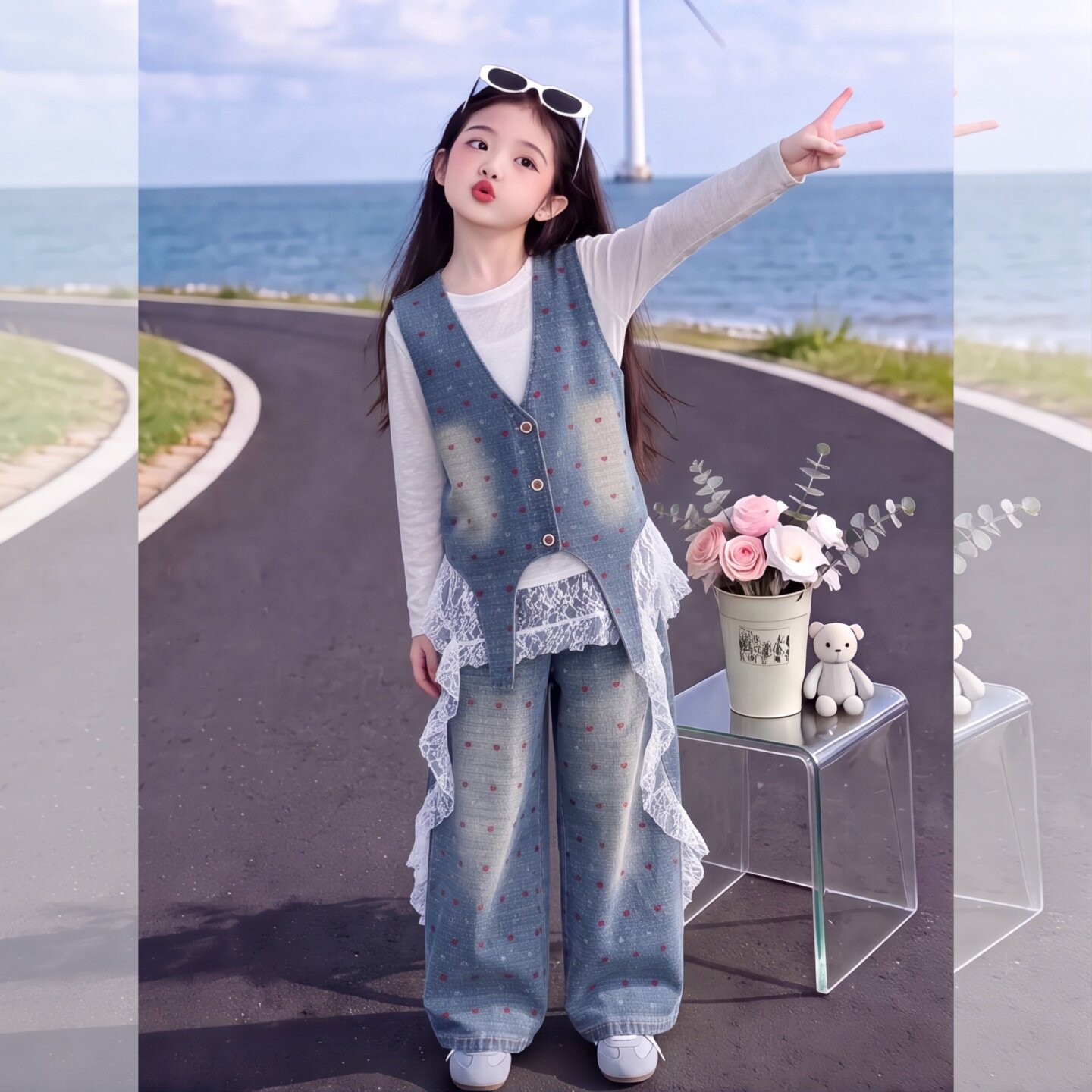 女童秋装牛仔马甲套装2026新款儿