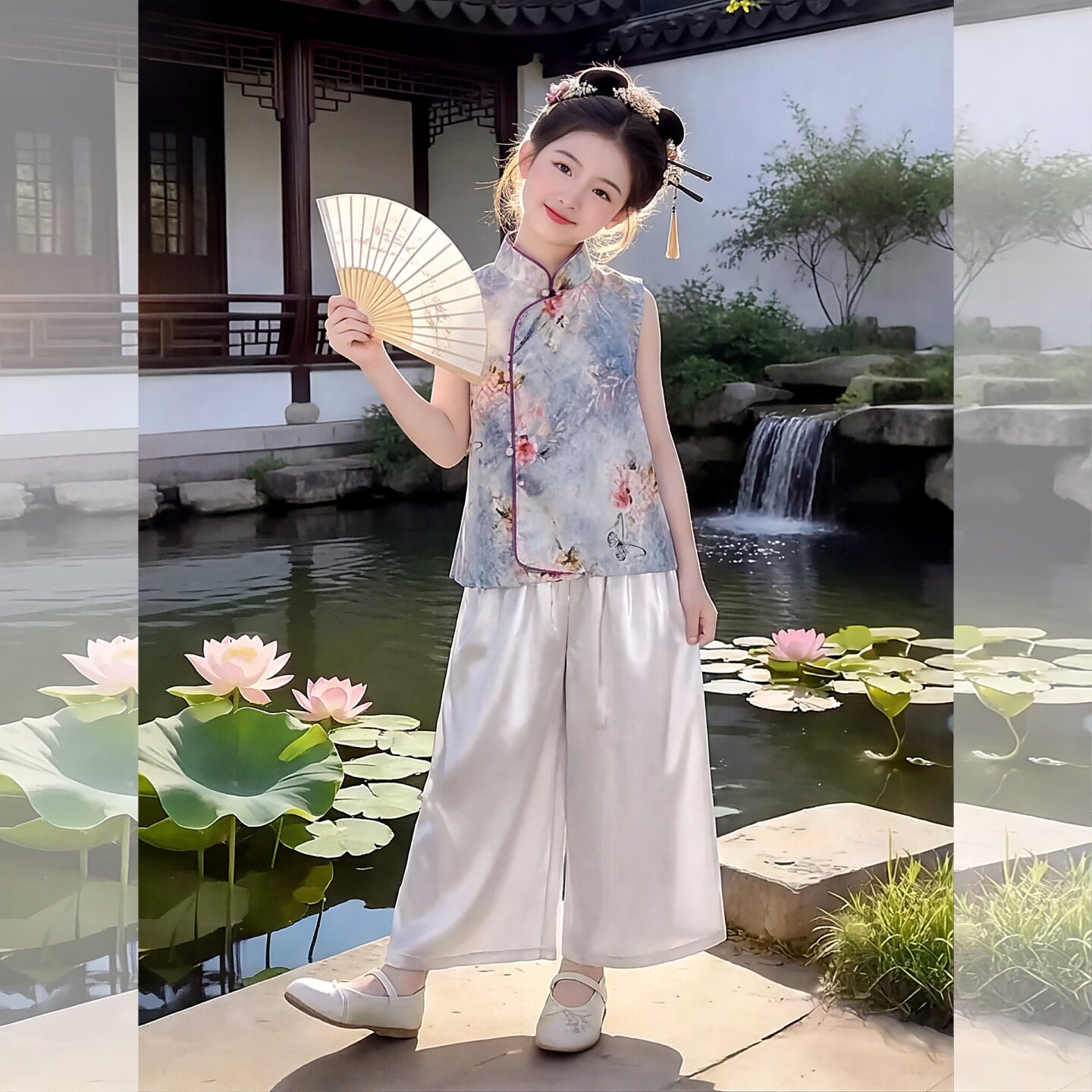 女童夏无袖中国风上衣阔腿裤套装