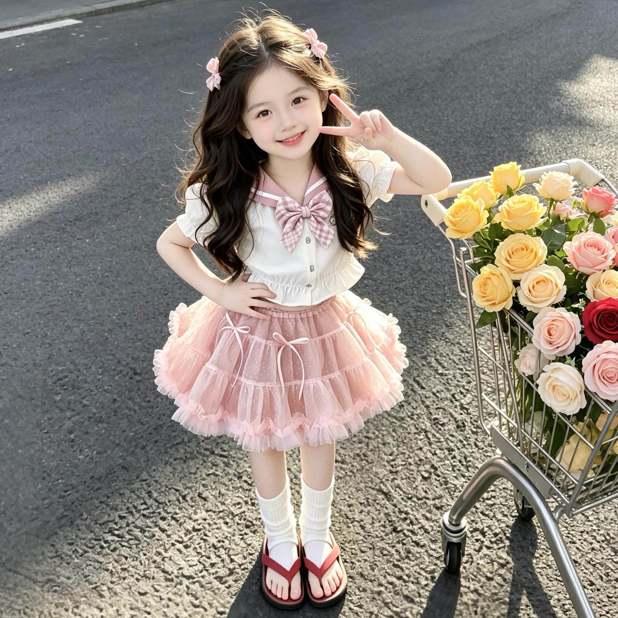 女童夏季学院风套装2026新款女孩短袖百褶裙儿童夏装蓬蓬裙子衣服