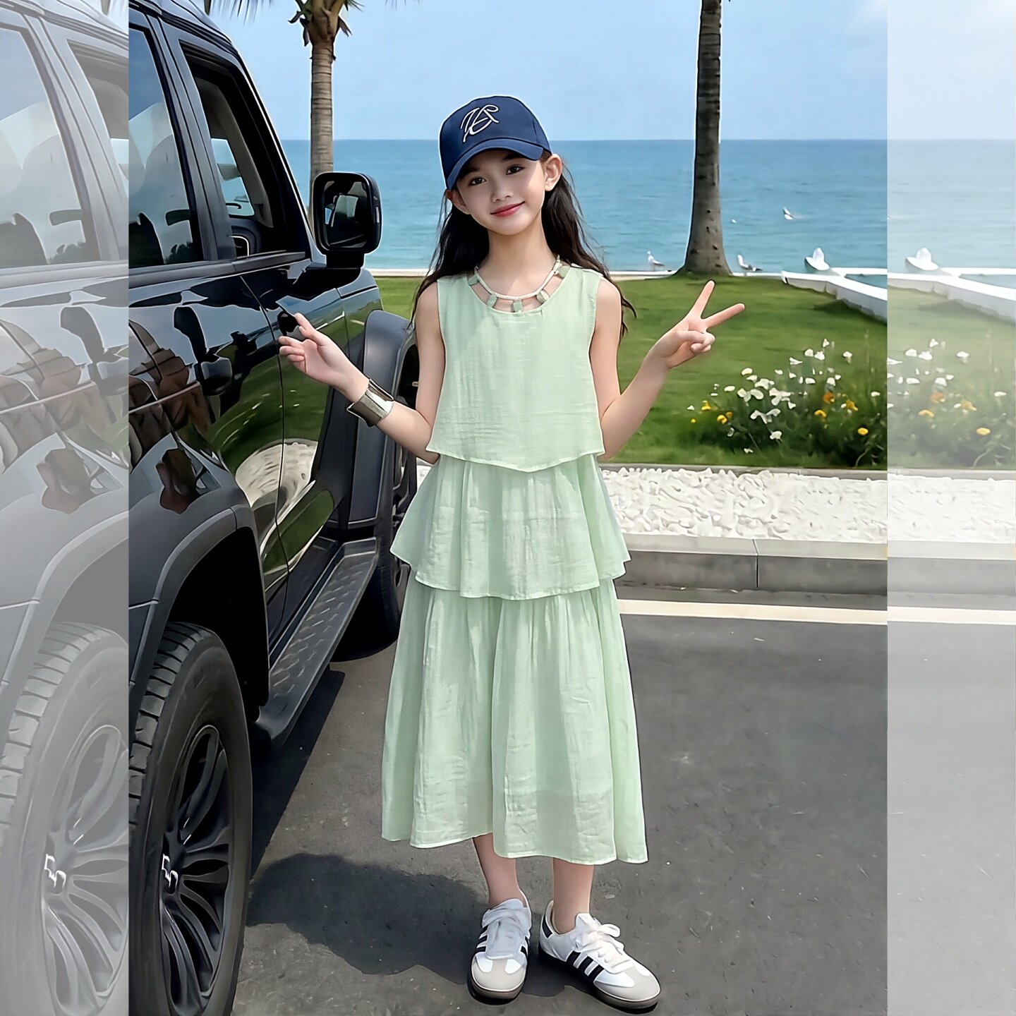女童夏无袖连衣裙中长分层连衣裙