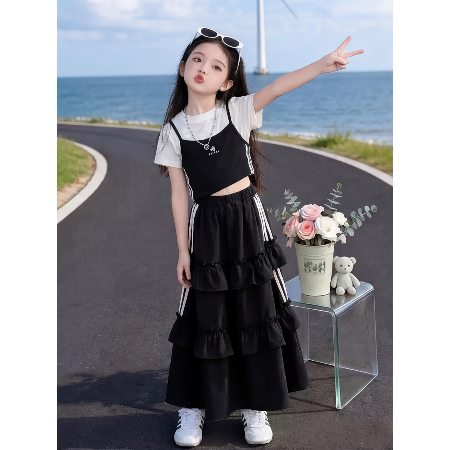 女童夏装大辣妹假两件吊带蛋糕裙