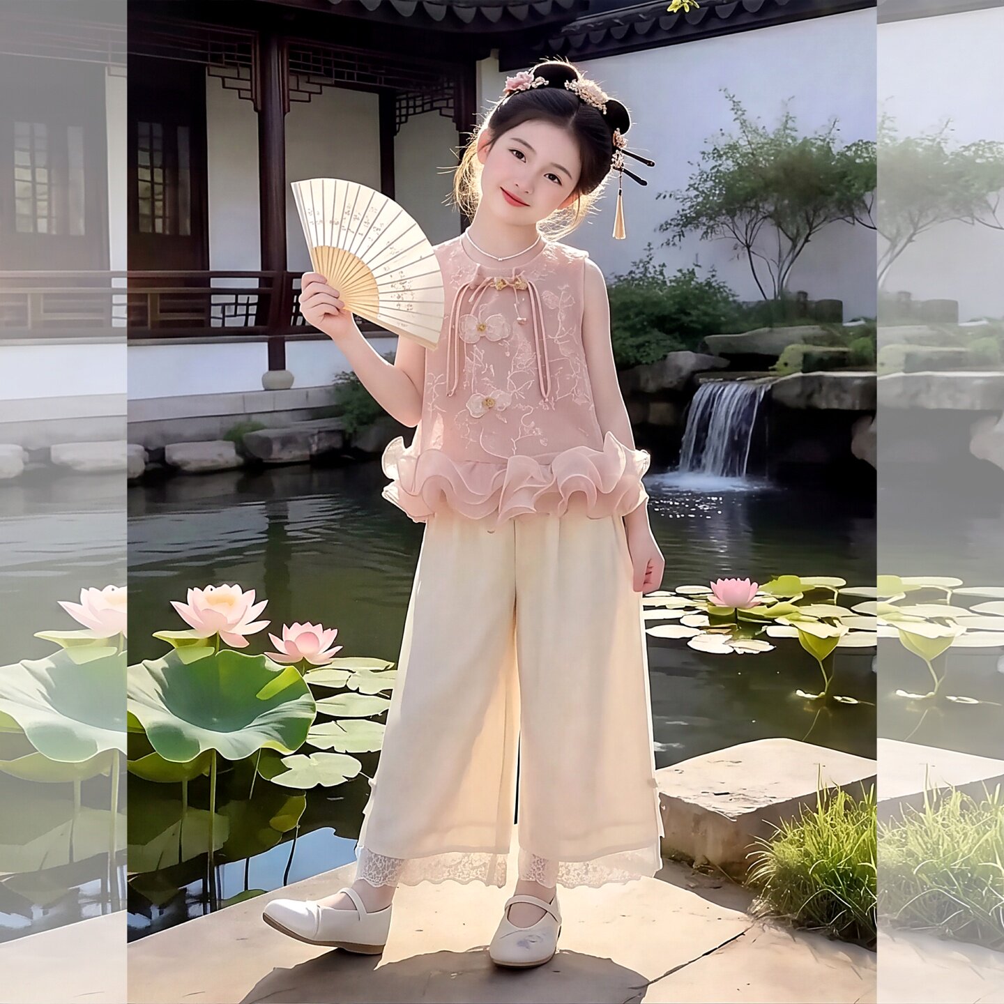 女童夏季中式网纱荷叶边重工马甲