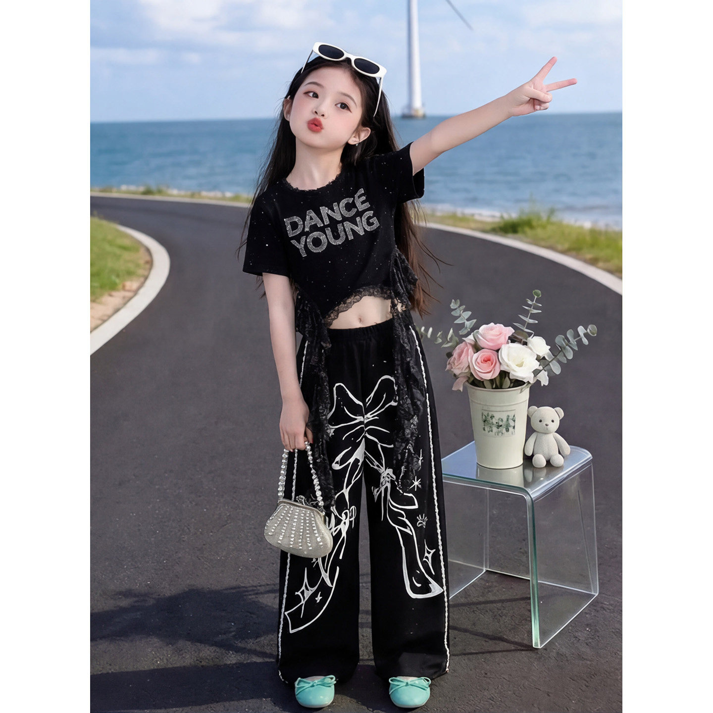 女童潮酷半袖T恤长裤表演服套装