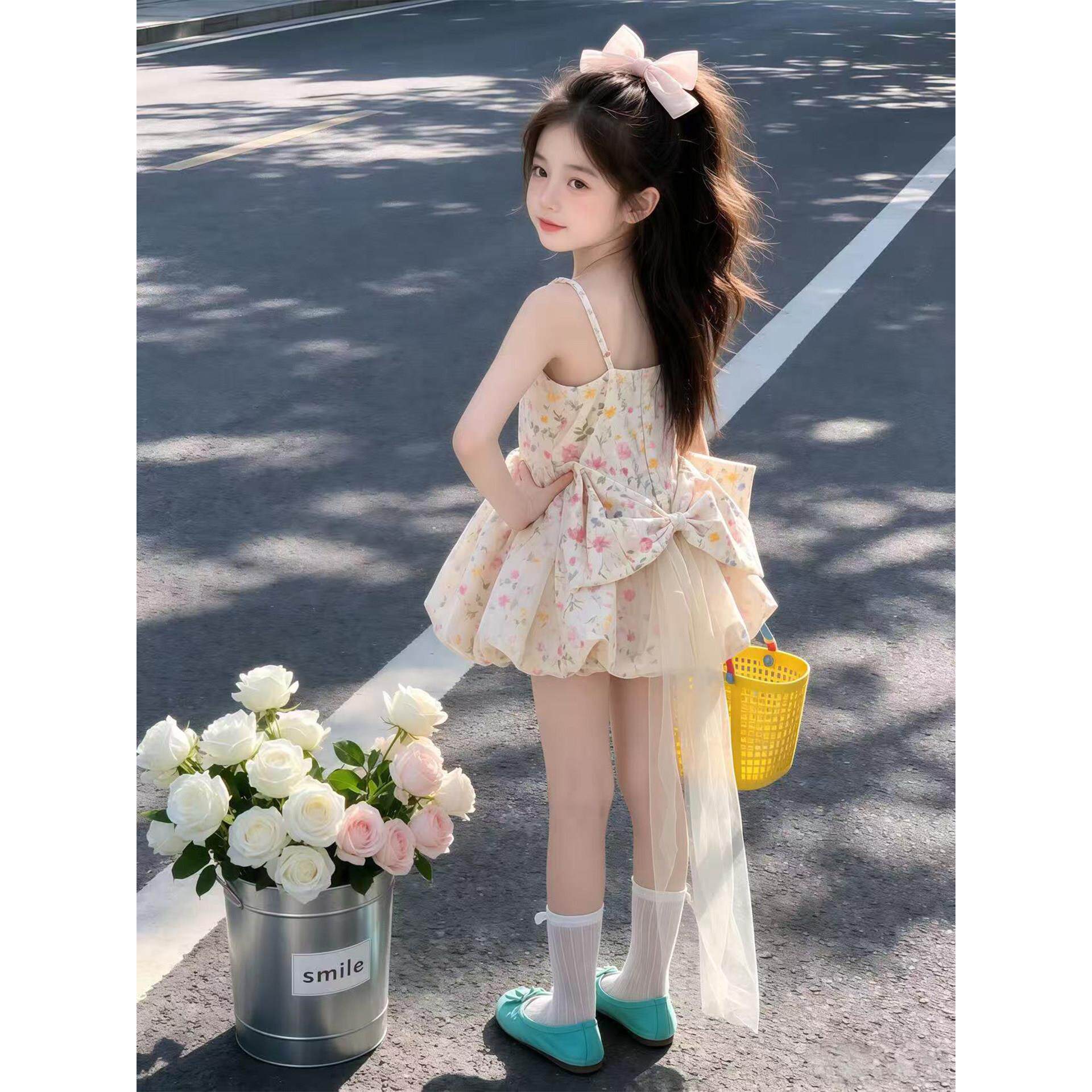法式甜美风碎花吊带蝴蝶结蓬蓬裙女童夏季超仙气质套装2026新款