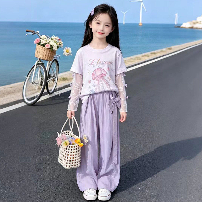 女童网纱拼接短袖t恤防晒夏装2026新款儿童韩系小女孩假两件上衣