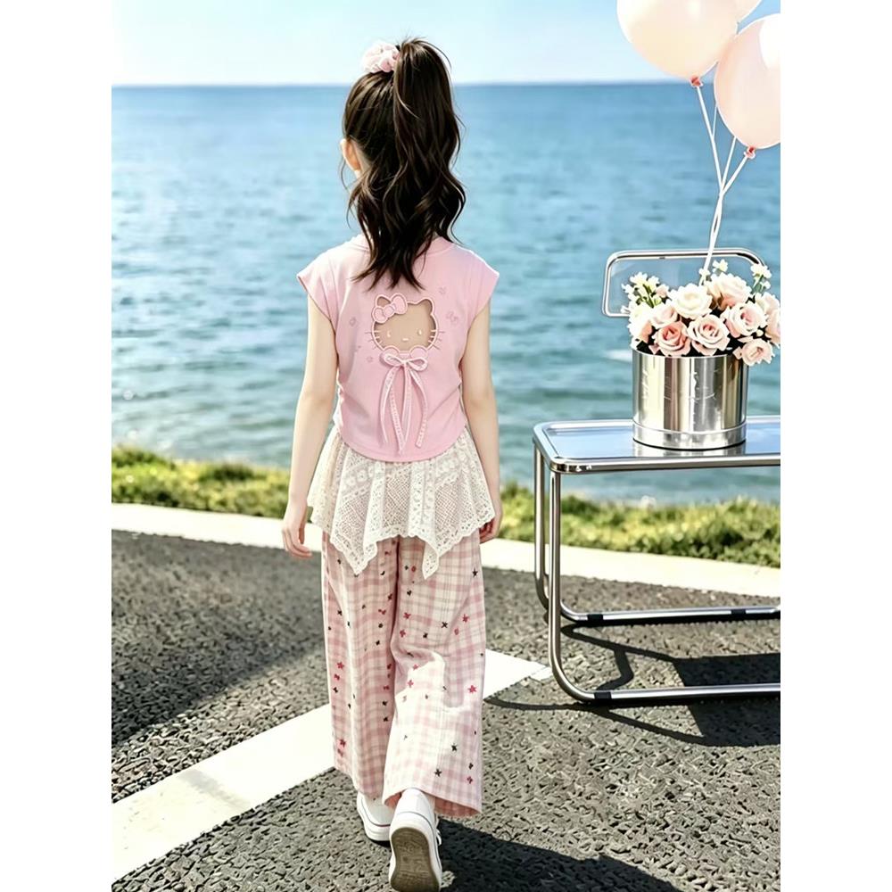 女童夏季套装2026新款儿童KT猫短袖T恤夏装女孩屁帘阔腿裤两件套