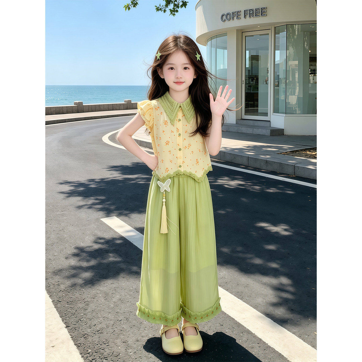 女童碎花套装夏季2026新款儿童洋派背心夏装女孩花边阔腿裤两件套