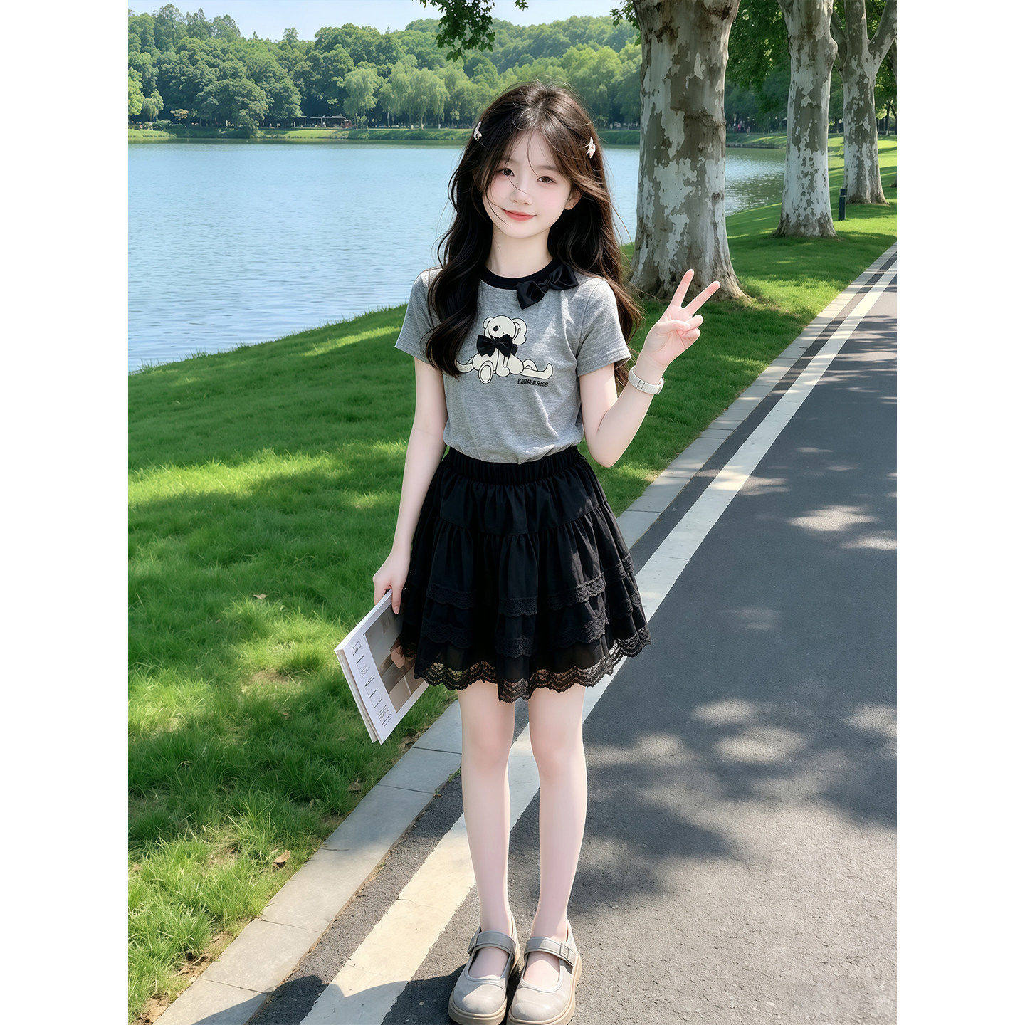 女童夏季套装2026新款儿童小熊印花T恤夏装女孩蕾丝半身裙两件套