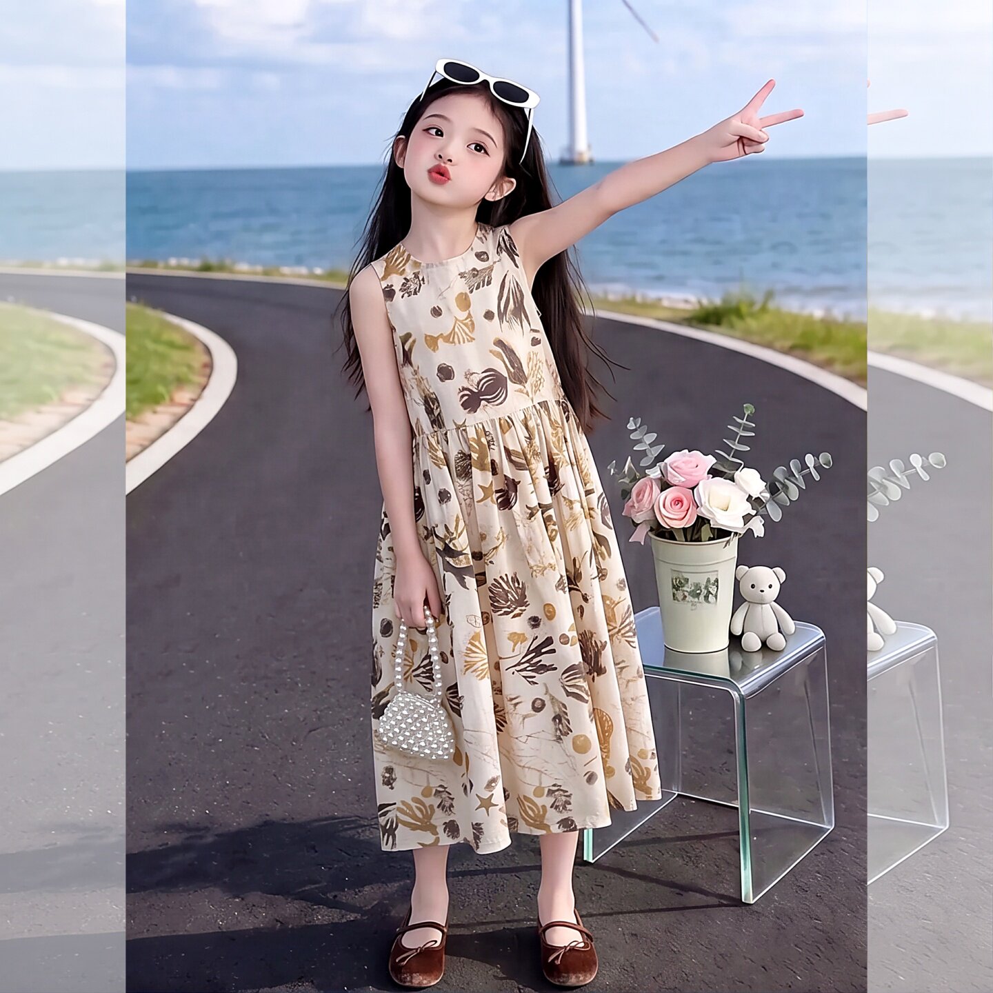 女童背心裙2026新款植物印花沙滩